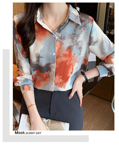 Retro lapel long-sleeved printed tie-dye style shirt commuter top