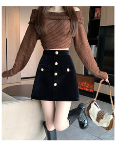 Niche A-line high-waisted slimming half-length corduroy skirt