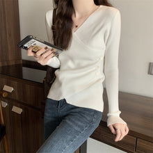 Load image into Gallery viewer, V-neck crossover sexy solid color slim long-sleeved sweater
