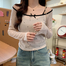 Load image into Gallery viewer, Chic top polka-dot off-shoulder bateau neckline thin mesh T-shirt
