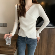 Load image into Gallery viewer, V-neck crossover sexy solid color slim long-sleeved sweater
