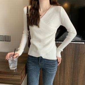 V-neck crossover sexy solid color slim long-sleeved sweater