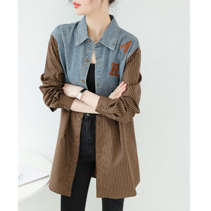 Seoul Weekly's designer patchwork mid-length denim letter striped shirt