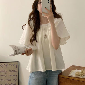 Sweet commuting French puff sleeve solid color short shirt