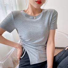 Load image into Gallery viewer, Shoulder cropped top ins trendy drawstring short-sleeved t-shirt
