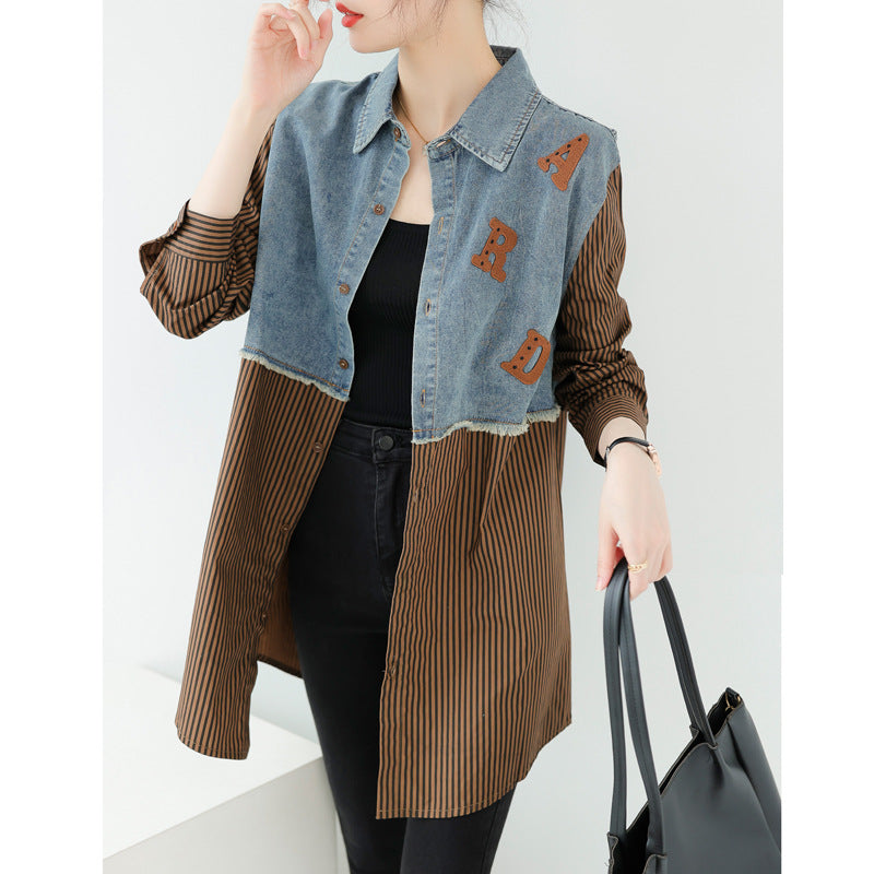 Seoul Weekly's designer patchwork mid-length denim letter striped shirt