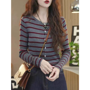 Striped round neck knitted long-sleeved versatile top