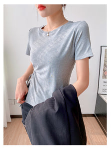 Shoulder cropped top ins trendy drawstring short-sleeved t-shirt