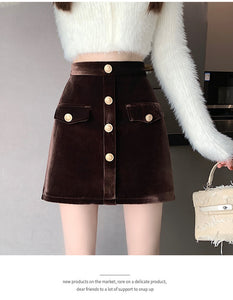 Niche A-line high-waisted slimming half-length corduroy skirt