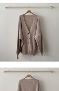 Casual V-neck single-breasted loose lantern sleeve knitted cardigan sweater