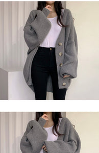 Casual V-neck single-breasted loose lantern sleeve knitted cardigan sweater