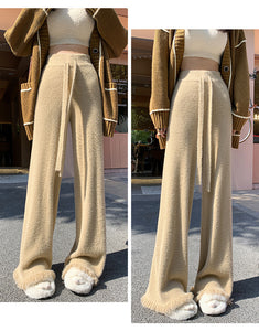 Thickened soft waxy mink velvet fringed knitted wide-leg pants