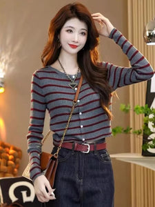 Striped round neck knitted long-sleeved versatile top