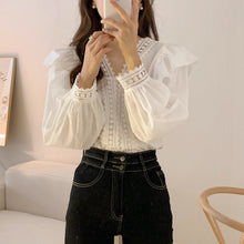 Load image into Gallery viewer, Elegant lace V-neck spliced with ruffles, loose casual puff sleeve lining
