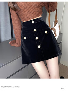 Niche A-line high-waisted slimming half-length corduroy skirt