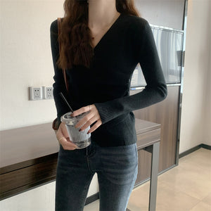 V-neck crossover sexy solid color slim long-sleeved sweater