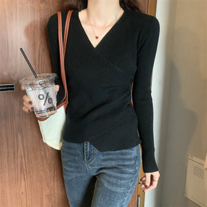 V-neck crossover sexy solid color slim long-sleeved sweater