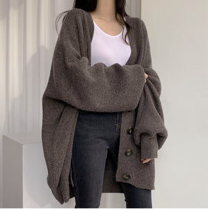 Casual V-neck single-breasted loose lantern sleeve knitted cardigan sweater