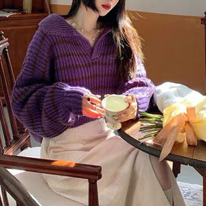 Striped knitted autumn and winter loose short sweater