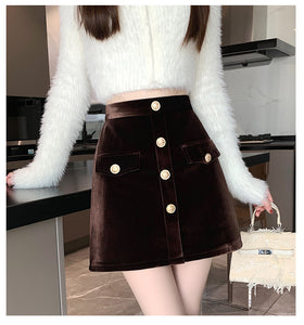 Niche A-line high-waisted slimming half-length corduroy skirt