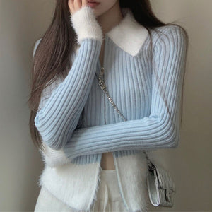 Gentle style spliced double zipper sweater long-sleeved top sweater