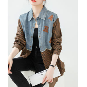 Seoul Weekly's designer patchwork mid-length denim letter striped shirt