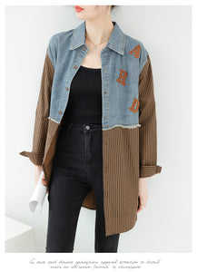 Seoul Weekly's designer patchwork mid-length denim letter striped shirt