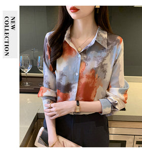 Retro lapel long-sleeved printed tie-dye style shirt commuter top