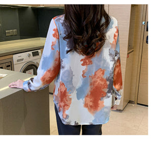 Retro lapel long-sleeved printed tie-dye style shirt commuter top