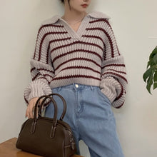 Load image into Gallery viewer, Striped knitted autumn and winter loose short sweater
