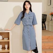 Load image into Gallery viewer, Retro denim shirt with elegant design and niche chic waist dress
