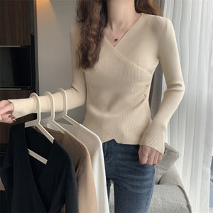 V-neck crossover sexy solid color slim long-sleeved sweater