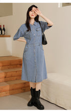 Load image into Gallery viewer, Retro denim shirt with elegant design and niche chic waist dress
