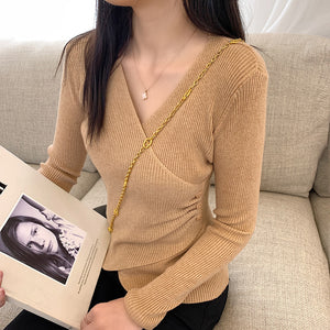 V-neck crossover sexy solid color slim long-sleeved sweater