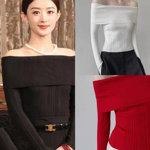 One-shoulder, tight-fitting off-shoulder sexy long-sleeved sweater