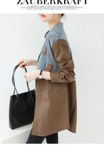 Seoul Weekly's designer patchwork mid-length denim letter striped shirt