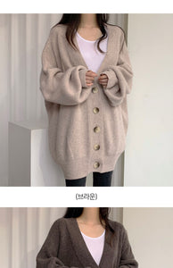 Casual V-neck single-breasted loose lantern sleeve knitted cardigan sweater