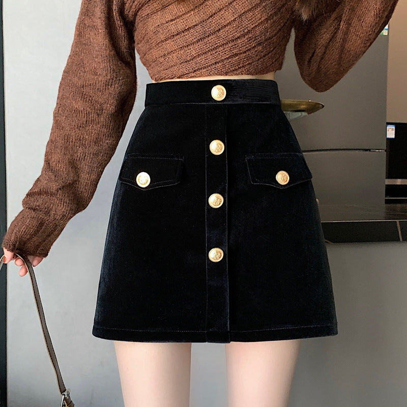 Niche A-line high-waisted slimming half-length corduroy skirt