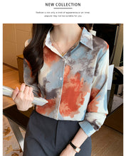 Load image into Gallery viewer, Retro lapel long-sleeved printed tie-dye style shirt commuter top
