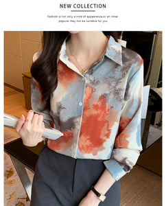 Retro lapel long-sleeved printed tie-dye style shirt commuter top