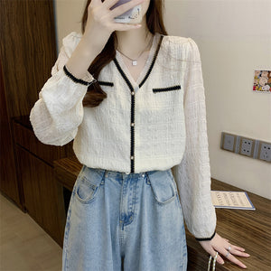 V-neck lace niche versatile temperament pleated shirt