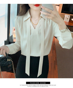 Temperament ribbon niche spring and autumn gentle French chiffon shirt