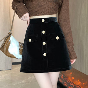 Niche A-line high-waisted slimming half-length corduroy skirt