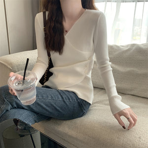 V-neck crossover sexy solid color slim long-sleeved sweater