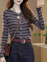 Load image into Gallery viewer, Striped round neck knitted long-sleeved versatile top
