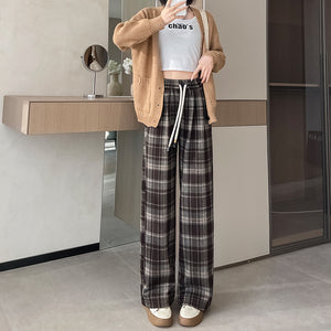 Plush plaid high-waist slim warm casual straight pants