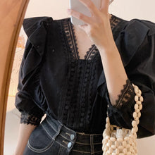 Load image into Gallery viewer, Elegant lace V-neck spliced with ruffles, loose casual puff sleeve lining
