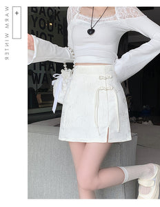 Chinese disc buckle jacquard thin country style short skirt A-line skirt