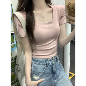 Solid color versatile right shoulder tight sweet and spicy short U-neck top