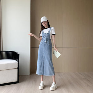 Loose, casual and versatile denim suspender skirt